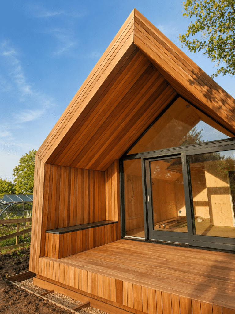 Modernes Gartenhaus mit Thermo Ayous Open Barcode Fassade, Holzterrasse und großer Glasfront