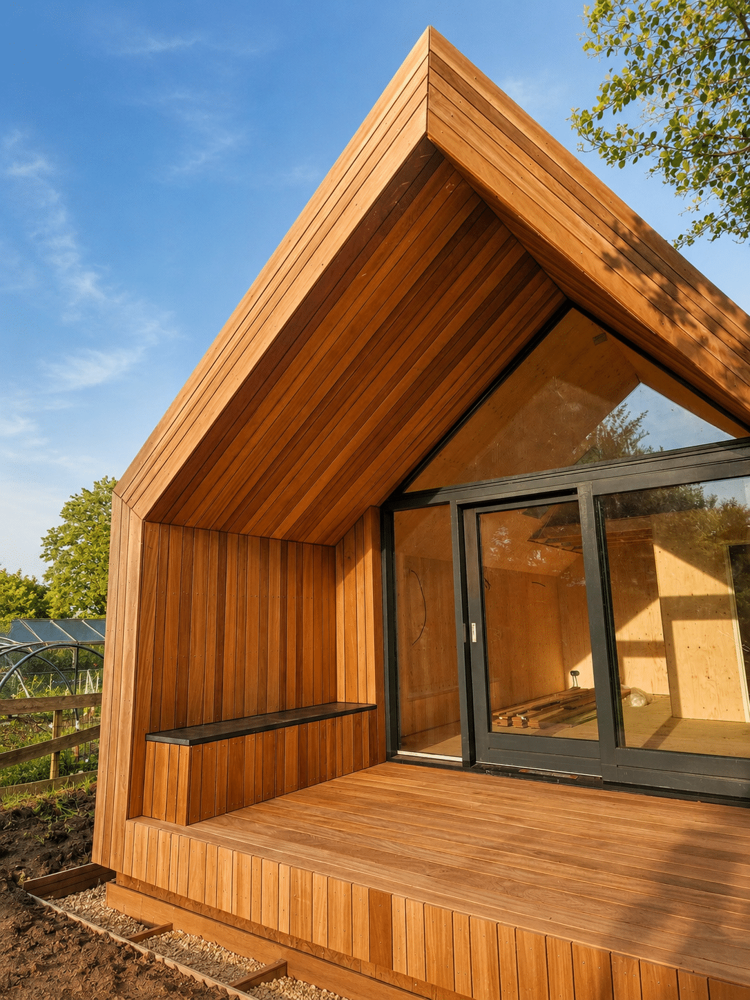 Modernes Gartenhaus mit Thermo Ayous Open Barcode Fassade, Holzterrasse und großer Glasfront